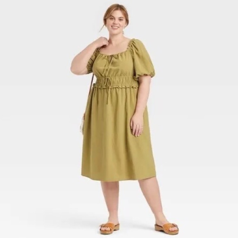UNIVERSAL THREADS Olive Green Puff Sleeve‎ Peasant Dress Boho Milkmaid Size XL